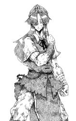 Rule 34 | 1girl, absurdres, bandages, beret, blood, clenched hand, clenched hands, dirty, female focus, greyscale, hair over one eye, hand on own shoulder, hat, highres, hong meiling, injury, jitome, long hair, millipen (medium), monochrome, muscular, muscular female, pants, short sleeves, slit pupils, solo, touhou, traditional media, whiterock chilly