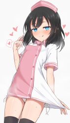 Rule 34 | 1girl, :q, absurdres, black hair, black thighhighs, blue eyes, blush, breasts, closed mouth, collared dress, commentary request, dress, grey background, hat, heart, highres, holding, layla (mino), looking at viewer, nonono (mino), nurse, nurse cap, original, panties, pink dress, pink hat, ringed eyes, short sleeves, side-tie panties, simple background, small breasts, smile, solo, spoken heart, sweat, thermometer, thighhighs, tongue, tongue out, underwear, white dress, white panties