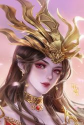 Rule 34 | 1girl, brown hair, cai lin (doupo cangqiong), doupo cangqiong, earrings, falling petals, hair ornament, highres, jewelry, light particles, long hair, looking at viewer, open mouth, petals, pointy ears, portrait, purple eyes, second-party source, solo, tang xiao ran txr, teeth