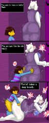Rule 34 | 1boy, 1girl, absurdres, against wall, animal ears, ass, ass grab, blush, bouncing breasts, breasts, brown hair, clothed sex, clothes, clothes lift, colored skin, dialogue box, doggystyle, dress, dress lift, english text, enigi09, frisk (undertale), furry, furry female, furry with non-furry, grabbing, grabbing another&#039;s ass, grabbing from behind, half-closed eyes, heart, highres, horns, huge ass, interspecies, kneeling, large breasts, long ears, saliva, sex, sex from behind, short hair, size difference, speech bubble, spoken heart, surprised, sweat, tail, thick thighs, thighs, tongue, tongue out, toriel, torso grab, unaligned breasts, undertale, waist grab, white fur, yellow skin