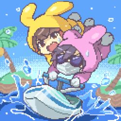 Rule 34 | 2boys, animal costume, blue sky, brown eyes, brown hair, chibi, commentary request, cosplay, fang, full body, highres, island, jet ski, jiz (pffbq), kigurumi, kiyo (youtuber), male focus, mask, mouth mask, multiple boys, ocean, open mouth, outdoors, pixel art, rabbit costume, real life, red hair, riding, sky, splashing, sunglasses, surgical mask, sweatdrop, water