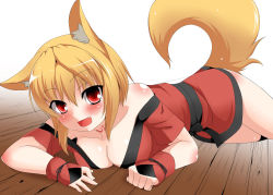 Rule 34 | 1girl, animal ears, blonde hair, blush, breasts, cleavage, fang, fox ears, fox tail, highres, japanese clothes, looking at viewer, lying, medium breasts, open mouth, original, red eyes, short hair, solo, tail, takayuki hiyori