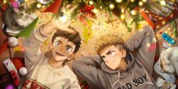 Rule 34 | 2boys, arms behind head, baseball, beitemian, blonde hair, blue eyes, brown hair, cat, christmas sweater, christmas tree, closed mouth, ear piercing, english text, green eyes, hat, highres, long sleeves, looking at another, lying, male focus, multiple boys, nintendo switch, on back, on floor, open mouth, original, piercing, reaching, santa hat, shaded face, smile, teeth, undercut