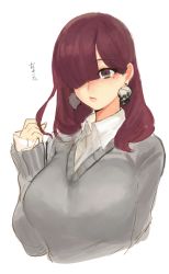 Rule 34 | 1girl, bad id, bad pixiv id, blunt bangs, breasts, brown eyes, closed mouth, collared shirt, copyright request, earrings, grey sweater, hair over one eye, hand up, jewelry, large breasts, long hair, long sleeves, looking at viewer, mole, mole under eye, one eye covered, red hair, shirt, simple background, skull earrings, solo, suisogenshi, sweater, upper body, white background, wing collar