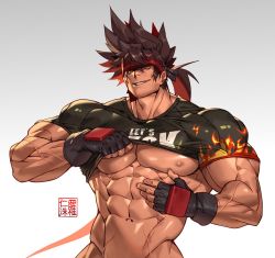 Rule 34 | 1boy, abs, artist logo, artist name, bara, biceps, broad shoulders, brown hair, clothes lift, clothes writing, commission, flame print, gloves, guilty gear, headband, large pectorals, long hair, looking at viewer, male focus, manly, muscular, muscular male, na insoo, navel, nipples, pectorals, ponytail, shirt, shirt lift, smirk, sol badguy, solo, spiked hair, t-shirt, thick arms, tight clothes, underpec, upper body, veins, veiny arms, yellow eyes