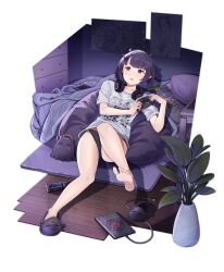 Rule 34 | 1girl, absurdres, barefoot, bean bag chair, can, controller, feet, game controller, headphones, headphones around neck, highres, hololive, hololive english, light blush, medium hair, ninomae ina&#039;nis, ninomae ina&#039;nis (loungewear), nuebunny, panties, parted lips, plant, pointy ears, shirt, slippers, soles, t-shirt, toes, transparent background, underwear, virtual youtuber