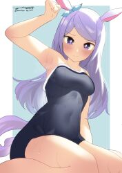 Rule 34 | 1girl, animal ears, aqua bow, arm up, armpits, bare shoulders, blue background, blue one-piece swimsuit, blush, border, bow, breasts, competition school swimsuit, competition swimsuit, ear bow, highres, horse ears, horse tail, kneeling, long hair, looking at viewer, medium breasts, mejiro mcqueen (umamusume), one-piece swimsuit, purple eyes, purple hair, school swimsuit, signature, simple background, sitting, solo, strap slip, swimsuit, tail, tami2004, tracen swimsuit, umamusume, wariza, white border