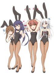 Rule 34 | 4girls, akatsuki (kancolle), animal ears, armpits, black hair, black leotard, black neckwear, blue eyes, bow, bowtie, brown eyes, brown hair, brown legwear, rabbit ears, rabbit tail, champagne flute, commentary request, cup, detached collar, drinking glass, fake animal ears, flat chest, full body, hibiki (kancolle), highres, ikazuchi (kancolle), inazuma (kancolle), kantai collection, leotard, long hair, looking at viewer, multiple girls, one eye closed, pantyhose, playboy bunny, purple eyes, short hair, silver hair, simple background, strapless, strapless leotard, tail, tetsuryuu, white background, wrist cuffs
