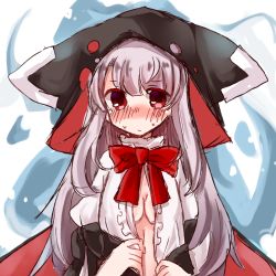 Rule 34 | 1girl, azur lane, black bow, black hat, blush, bow, bowtie, breasts, closed mouth, erebus (azur lane), grey hair, hat, highres, long hair, looking at viewer, medium breasts, nose blush, open clothes, open shirt, puffy short sleeves, puffy sleeves, red bow, red bowtie, red eyes, shimashiro itsuki, shirt, short sleeves, sidelocks, sketch, solo, sweat, torn clothes, torn hat, undressing, very long hair, white background, white shirt