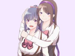 Rule 34 | 2girls, arm up, arms at sides, assault lily, blush, bow, bowtie, breasts, brown hair, closed mouth, collared shirt, commentary, corset, fukuyama jeanne sachie, grey hair, hair bow, hair ribbon, hairband, half updo, hand on another&#039;s head, hand on another&#039;s shoulder, hand up, heads together, highres, hug, hug from behind, kishimoto maria mirai, long hair, long sleeves, looking at another, looking at viewer, ludvico private girls&#039; academy school uniform, medium breasts, mimura (eh mi0), mole, mole under mouth, multiple girls, open mouth, pink bow, pink bowtie, pink eyes, purple background, purple eyes, purple hairband, purple ribbon, ribbon, school uniform, shirt, sidelocks, simple background, smile, suspenders, swept bangs, underbust, upper body, white shirt, yuri