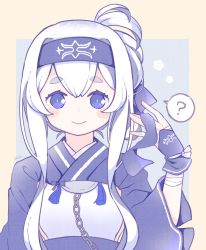 Rule 34 | 1girl, :&gt;, ?, ainu clothes, blue eyes, blue headband, chain, cropped jacket, folded ponytail, hair between eyes, headband, highres, kamoi (kancolle), kantai collection, long hair, looking at viewer, nada namie, ponytail, sidelocks, signature, simple background, smile, solo, spoken question mark, tassel, upper body, white hair, wrist guards