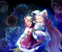 Rule 34 | 2girls, :d, aerial fireworks, animal ears, blonde hair, brown eyes, brown hair, cat ears, cat girl, cat tail, chen, earrings, fang, female focus, fireworks, fox tail, hands in opposite sleeves, hat, highres, jewelry, md5 mismatch, multiple girls, multiple tails, nekorin, open mouth, resolution mismatch, short hair, smile, tail, touhou, yakumo ran
