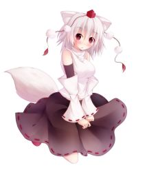 Rule 34 | 1girl, animal ears, bare shoulders, blush, breasts, detached sleeves, female focus, hat, highres, inubashiri momiji, medium breasts, nicoby, red eyes, short hair, simple background, skirt, solo, tail, tokin hat, touhou, white hair, wide sleeves, wolf ears, wolf tail