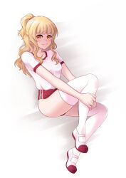 Rule 34 | 1girl, absurdres, ass, blonde hair, breasts, closed mouth, gym uniform, highres, kateil (lusan666), long hair, lusan666, medium breasts, orange eyes, original, ponytail, shirt, shoes, smile, solo, thighhighs, white shirt, white thighhighs