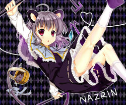 Rule 34 | 1girl, :&lt;, animal ears, argyle, argyle background, argyle clothes, bad id, bad pixiv id, basket, capelet, cnm, dowsing rod, dress, gem, grey dress, grey hair, heart, heart of string, jewelry, long sleeves, mouse (animal), mouse ears, mouse tail, nazrin, necklace, pendant, red eyes, ribbon, solo, tail, tail ornament, tail ribbon, touhou, upskirt