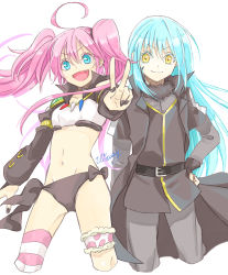 Rule 34 | 1girl, 1other, :d, absurdres, ahoge, asymmetrical legwear, belt, belt buckle, black belt, black bow, black coat, black nails, black panties, black vest, blue eyes, blue hair, bow, buckle, closed mouth, coat, collarbone, cropped legs, fang, floating hair, grey pants, grey shirt, groin, hair between eyes, hand on own hip, highres, long hair, midriff, milim nava, nail polish, navel, open clothes, open coat, open mouth, panties, pants, pink hair, rimuru tempest, shirt, shrug (clothing), side-tie panties, single thighhigh, sketch, smile, standing, stomach, straight hair, striped clothes, striped thighhighs, tensei shitara slime datta ken, thigh strap, thighhighs, twintails, underwear, v, very long hair, vest, wata miya (shiro momen), yellow eyes