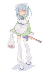 Rule 34 | 1girl, :o, absurdres, apron, bag, belt, black belt, black neckwear, blue hair, daizu (melon-lemon), dress, frilled apron, frills, full body, gradient eyes, green dress, hair ornament, hairband, highres, holding, long sleeves, looking at viewer, multicolored eyes, no nose, open mouth, orange eyes, original, plastic bag, shadow, shopping, simple background, sleeve cuffs, solo, standing, sweat, tareme, white apron, white background, white hairband, white legwear