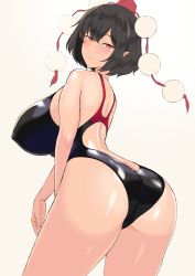 Rule 34 | 1girl, ass, black hair, blush, breasts, contrapposto, cowboy shot, from behind, hamaburicchi, hat, highres, huge breasts, looking at viewer, looking back, one-piece swimsuit, pointy ears, pom pom (clothes), red eyes, shameimaru aya, short hair, simple background, smile, solo, swimsuit, tokin hat, touhou, white background