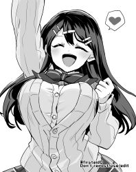 Rule 34 | 1girl, arm up, blush, bouncing breasts, breasts, fire emblem, greyscale, hair ornament, happy, heart, large breasts, long hair, monochrome, nintendo, open mouth, oribe tsubasa, ribbon, school uniform, sweater, tokyo mirage sessions fe, twitter username, yukia (firstaid0)