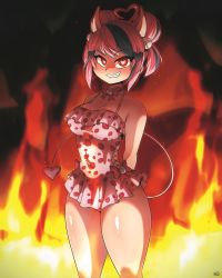 Rule 34 | 1girl, ahoge, blush, breasts, cleavage, collarbone, demon girl, demon tail, double bun, fire, food print, grin, hair bun, heart, heart-shaped pupils, heart ahoge, highres, horns, ironmouse, ironmouse (swimsuit), large breasts, multicolored hair, one-piece swimsuit, parted lips, pink eyes, pink hair, purple hair, ryou sakai, short hair, smile, solo, strawberry print, swimsuit, symbol-shaped pupils, tail, teeth, virtual youtuber, vshojo
