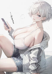 Rule 34 | 1girl, bare shoulders, bed sheet, black eyes, breasts, camisole, cleavage, collarbone, commentary request, denim, denim shorts, from side, grey shorts, hair over one eye, jacket, knee up, kurono mitsuki, large breasts, long sleeves, looking at viewer, no bra, off shoulder, on bed, open clothes, open jacket, open mouth, original, parted bangs, plump, puffy long sleeves, puffy sleeves, short hair, shorts, sideboob, simple background, sitting, sleeves past wrists, solo, thick thighs, thighs, torn clothes, torn shorts, translation request, very short hair, white background, white camisole, white hair, white jacket