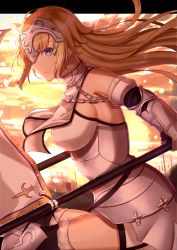 Rule 34 | 1girl, absurdres, armor, armored dress, bare shoulders, blonde hair, blue eyes, breasts, chain, closed mouth, dual wielding, elbow gloves, fate/apocrypha, fate/grand order, fate (series), flag, flagpole, from side, gloves, headpiece, highres, holding, holding flag, jeanne d&#039;arc (fate), jeanne d&#039;arc (ruler) (fate), jeanne d&#039;arc (third ascension) (fate), large breasts, long hair, outdoors, solo, thighhighs, toukan