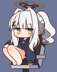 Rule 34 | 1girl, barefoot, black hoodie, black shorts, blue archive, blush, chair, chibi, closed mouth, commentary request, green eyes, grey background, grey hair, hair intakes, hair ornament, halo, hana kazari, hare (blue archive), highres, hood, hood down, hoodie, long hair, long sleeves, looking at viewer, office chair, on chair, ponytail, puffy long sleeves, puffy sleeves, revision, short shorts, shorts, sidelocks, simple background, sitting, sleeves past wrists, solo, swivel chair