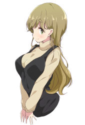 Rule 34 | 1girl, beige sweater, black dress, blush, breasts, brown hair, closed mouth, commentary request, dress, green eyes, highres, inuyama aoi, large breasts, long hair, long sleeves, looking at viewer, mel (melty pot), simple background, smile, solo, sweater, thick eyebrows, turtleneck, turtleneck sweater, white background, yurucamp