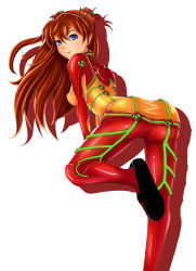 Rule 34 | 1girl, ass, bent over, blue eyes, blush, bodysuit, breasts, brown hair, butt crack, from behind, hair between eyes, hair ornament, hairpods, interface headset, leg lift, light smile, long hair, looking at viewer, looking back, multicolored clothes, neon genesis evangelion, orange hair, pilot suit, plugsuit, poco (arc the lad), poco (camper), rebuild of evangelion, red bodysuit, see-through, see-through bodysuit, shadow, shiny clothes, simple background, small breasts, smile, solo, souryuu asuka langley, test plugsuit, turtleneck, very long hair, white background, wide hips