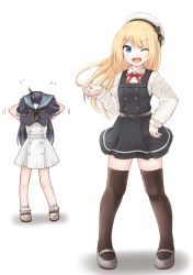 Rule 34 | 2girls, ;d, ahoge, asashio (kancolle), asashio (kancolle) (cosplay), bad id, bad twitter id, black hair, black legwear, blonde hair, blue eyes, blue sailor collar, comiching, cosplay, costume switch, dress, full body, grey footwear, hat, highres, jervis (kancolle), jervis (kancolle) (cosplay), kantai collection, long hair, long sleeves, looking at viewer, mary janes, multiple girls, one eye closed, open mouth, pinafore dress, sailor collar, sailor dress, sailor hat, shirt, shoes, simple background, sleeveless, sleeveless dress, smile, thighhighs, v-shaped eyebrows, white background, white dress, white shirt