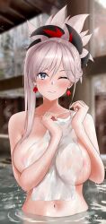 Rule 34 | 1girl, absurdres, bare shoulders, bathing, blue eyes, blush, breasts, collarbone, covered erect nipples, covering privates, earrings, fate/grand order, fate (series), hair ornament, highres, jewelry, large breasts, long hair, looking at viewer, miyamoto musashi (fate), naked towel, nude cover, one eye closed, pink hair, ponytail, smile, solo, swept bangs, towel, water, wet, yayanri