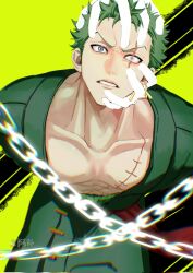 Rule 34 | 1boy, abs, alternate eye color, bare pectorals, blue eyes, chain, clenched teeth, collarbone, disembodied limb, earrings, empty eyes, fulenimenle, green hair, green kimono, heterochromia, highres, holding another&#039;s head, japanese clothes, jewelry, kimono, looking at viewer, male focus, muscular, muscular male, one piece, pectorals, restrained, roronoa zoro, scar, scar across eye, short hair, solo, teeth, v-shaped eyebrows, yellow background