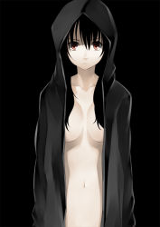 Rule 34 | 1girl, black hair, breasts, hood, long hair, no bra, open clothes, open shirt, original, out-of-frame censoring, pino (birthdayparty), pino (pixiv), red eyes, shirt, solo