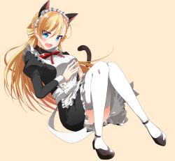 Rule 34 | 1girl, animal ears, apron, araragi ayune, black dress, black footwear, blonde hair, blue eyes, cat ears, cat tail, dress, fake animal ears, fake tail, fingers together, frilled apron, frills, full body, legs together, long hair, looking at viewer, maid, maid headdress, mary janes, neck ribbon, open mouth, orange background, original, red ribbon, ribbon, rinna milford, shoes, simple background, solo, tail, thighhighs, white apron, zettai ryouiki