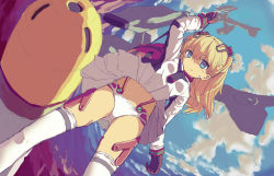Rule 34 | 1girl, absurdres, bag, blonde hair, blue eyes, blue sky, breasts, clothes lift, cloud, copyright request, dutch angle, from below, gloves, highres, jacket, long hair, looking at viewer, necktie, outdoors, panties, skirt, skirt lift, sky, small breasts, solo, standing, thighhighs, underwear, white jacket, white panties, white thighhighs, wind, wind lift, zhongye yu