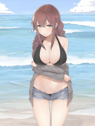 Rule 34 | 10s, 1girl, bare shoulders, bikini, bikini under clothes, black bikini, blue shorts, blue sky, blush, braid, breasts, brown hair, buttons, cleavage, closed mouth, collarbone, day, denim, denim shorts, embarrassed, green eyes, grey shirt, hair tie, highres, horizon, kantai collection, large breasts, legs apart, long hair, long sleeves, looking at viewer, navel, noshiro (kancolle), ocean, off shoulder, open clothes, open fly, open shirt, shirt, short shorts, shorts, sky, solo, standing, stomach, summer, swimsuit, twin braids, unbuttoned, unzipped, urigarasu, water, waves