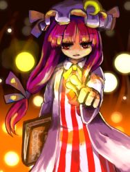 Rule 34 | 1girl, :o, book, cape, crescent, dress, expressionless, female focus, frills, glowing, grimoire, hat, holding, holding book, looking at viewer, luft, magic, mob cap, open mouth, orb, patchouli knowledge, pink dress, pointing, pointing at viewer, solo, striped, touhou, upper body, vertical stripes