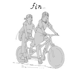 Rule 34 | 2girls, akashi (kancolle), bicycle, blunt tresses, commentary request, hair ribbon, hairband, highres, kantai collection, lineart, long hair, monochrome, multiple girls, official alternate costume, ojipon, ooyodo (kancolle), pants, ribbon, semi-rimless eyewear, shirt, skirt, tandem bicycle, tress ribbon, under-rim eyewear