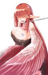 Rule 34 | 1girl, animal ears, bird ears, body markings, breasts, chain, chained, chain, collar, commentary request, covered eyes, dress, feathered wings, feathers, hair over eyes, harpy, highres, kawasumi (tk2k jade), large breasts, long hair, monster girl, open mouth, original, pointy ears, red feathers, red hair, sharp teeth, simple background, solo, teeth, torn clothes, very long hair, white background, winged arms, wings