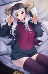 Rule 34 | 1girl, artist name, bed, brown eyes, claw pose, doiparuni, dragon horns, fake horns, fire emblem, fire emblem awakening, grima (fire emblem), highres, hood, hood up, hoodie, horns, jacket, long hair, looking at viewer, lying, nintendo, on back, on bed, open mouth, robin (female) (fire emblem), robin (fire emblem), solo, thighhighs, white hair, zettai ryouiki