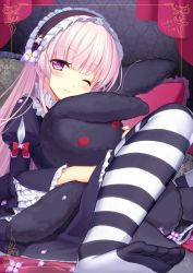 Rule 34 | 1girl, artist name, black dress, blush, closed mouth, curtains, dress, expressionless, feet, flower, frilled dress, frilled sleeves, frills, glint, hair flower, hair ornament, head tilt, headdress, highres, hugging doll, hugging object, juliet sleeves, knees up, long hair, long sleeves, looking at viewer, no shoes, one eye closed, original, pantyhose, petals, pillow, pink hair, puffy sleeves, purple eyes, purple flower, reclining, sidelocks, solo, striped clothes, striped pantyhose, stuffed animal, stuffed rabbit, stuffed toy, yadamon (neverland)