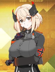 Rule 34 | 1girl, absurdres, armband, azur lane, blonde hair, bob cut, breast hold, breasts, brown eyes, closed mouth, commentary, english text, epaulettes, finger to cheek, grey jacket, headgear, highres, jacket, large breasts, long sleeves, looking at viewer, mechanical hands, military, military uniform, roon (azur lane), short hair, smile, solo, uniform, upper body, vierka (ghifar201), yellow background
