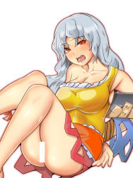 Rule 34 | 1girl, bad id, bad pixiv id, bar censor, bare legs, bare shoulders, bdsm, blush, bondage, bound, bound arms, breasts, censored, cleavage, collarbone, dress, eyebrows, facing away, fangs, frilled dress, frills, grey hair, hair between eyes, hashitsuki nata, hatchet, head tilt, hekiga (freelot), highres, large breasts, legs, legs up, long hair, looking at viewer, multicolored clothes, multicolored dress, nata (tool), open mouth, outline, pink outline, red eyes, rope, sakata nemuno, simple background, single strap, sitting, slit pupils, solo, sweat, taut clothes, taut dress, teeth, tongue, touhou, white background, zairisha123