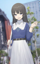 Rule 34 | 1girl, :d, alternate costume, bag, belt, belt buckle, black hair, blue ribbon, blue shirt, blue sky, blunt bangs, blurry, blurry background, blush, braid, buckle, building, casual, city, cowboy shot, day, depth of field, french braid, glint, hair ornament, hairclip, hand up, handbag, highres, jewelry, long hair, long skirt, looking at viewer, misaki nonaka, nail polish, necklace, nijisanji, open mouth, outdoors, pendant, pink nails, ribbon, shirt, shoulder bag, skirt, sky, smile, standing, tree, tsukino mito, tsukino mito (2nd costume), turtleneck, virtual youtuber, watch, white skirt, wristwatch