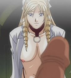 Rule 34 | 00s, animated, animated gif, blonde hair, blue eyes, breasts, collar, discipline: the record of a crusade, drill hair, hayami takurou, lab coat, large breasts, long hair, lowres, morimoto leona, navel, nipples, no bra, penis, twintails, uncensored