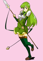 Rule 34 | 1girl, armor, boobplate, boots, breastplate, closed mouth, dress, fire emblem, fire emblem: mystery of the emblem, full body, gradient background, green dress, green eyes, green footwear, green hair, headband, highres, holding, holding polearm, holding spear, holding weapon, leg up, long hair, looking at viewer, nintendo, palla (fire emblem), pink background, polearm, pretty-purin720, shadow, short dress, shoulder armor, smile, solo, spear, standing, standing on one leg, thigh boots, thighhighs, very long hair, weapon, white headband, zettai ryouiki