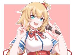 Rule 34 | 1girl, akai haato, akai haato (1st costume), aqua eyes, blonde hair, breasts, collared shirt, commentary, corset, disco brando, english commentary, hair bobbles, hair ornament, highres, holding, holding microphone, hololive, large breasts, long hair, looking at viewer, low twintails, microphone, nail polish, neck ribbon, open mouth, red nails, red ribbon, ribbon, shirt, short sleeves, sidelocks, simple background, smile, solo, teeth, twintails, twitter username, upper body, upper teeth only, v, virtual youtuber