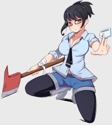 Rule 34 | axe, bandaged arm, bandages, black hair, boots, button shirt, fire axe, glasses, grey background, high ponytail, highres, holding, holding out, holding weapon, leggings under shorts, looking at viewer, loose necktie, memory card, mminit, necktie, night labyrinths, orange eyes, short shorts, shorts, simple background, weapon