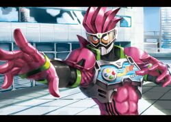 Rule 34 | 1boy, abs, armor, black sleeves, city, collar, controller, game controller, gloves, goggles, hammer, health bar, hospital, kamen rider, kamen rider ex-aid, kamen rider ex-aid (series), male focus, mighty action x level 2, open hands, orange eyes, outstretched arm, pink armor, pink gloves, pink hair, ranma (kamenrideroz), shoulder armor, spiked hair, sword, tokusatsu, weapon
