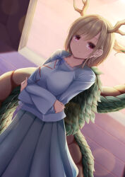 Rule 34 | 1girl, absurdres, antlers, blonde hair, blue shirt, breasts, commentary request, crossed arms, dragon girl, dragon horns, dragon tail, highres, horns, kicchou yachie, light blush, long sleeves, looking at viewer, medium breasts, medium hair, messiah &amp; crea, pleated skirt, red eyes, shadow, shirt, skirt, smile, solo, tail, touhou, turtle shell, yellow horns